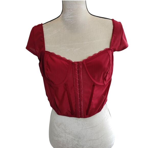 Faded Rose Sz XL Sheer Red Mesh Corset Top Cap Sleeve Underwire Whimsygoth Vamp - Picture 1 of 7